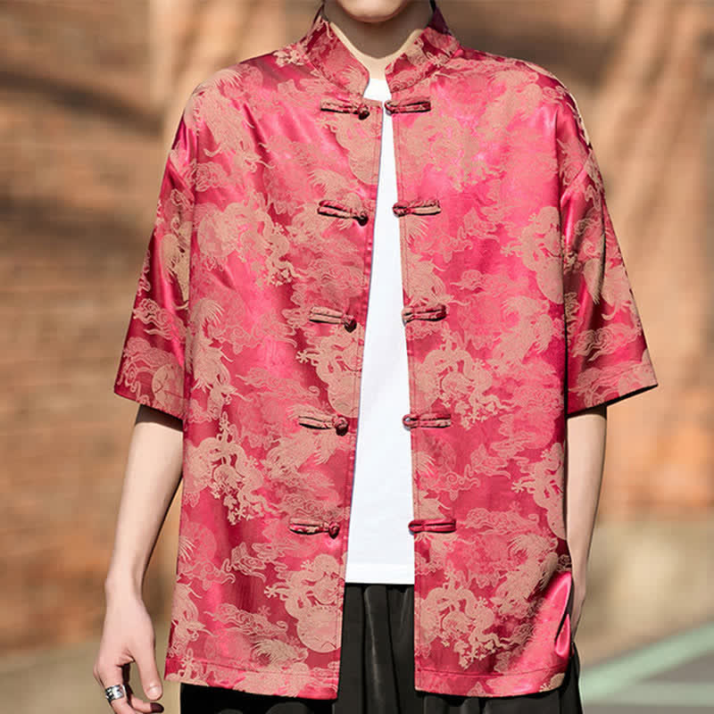 Buddha Stones Chemises à manches courtes pour hommes, style Tang, avec boutons grenouille et motifs animaux - image 3