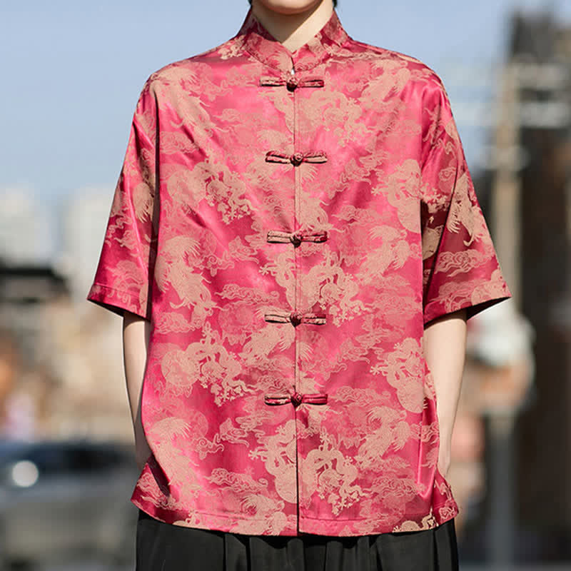 Buddha Stones Chemises à manches courtes pour hommes, style Tang, avec boutons grenouille et motifs animaux - Cramoisi - US/UK/AU46，EU56 (5XL) - image 0