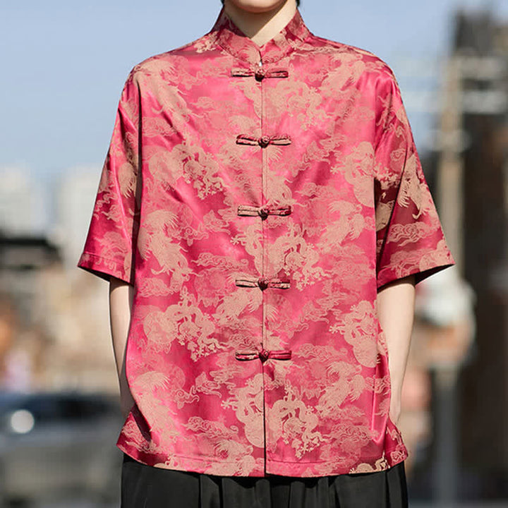 Buddha Stones Chemises à manches courtes pour hommes, style Tang, avec boutons grenouille et motifs animaux - Cramoisi - US/UK/AU46，EU56 (5XL) - image 0