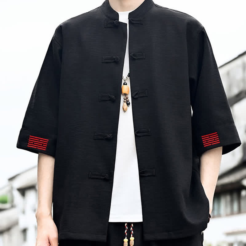 Buddha Stones Chemises à manches courtes pour hommes, style Tang, bouton grenouille, couleur unie, été - Noir - US/UK/AU46，EU56 (5XL) - image 0
