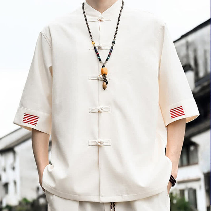 Buddha Stones Chemises à manches courtes pour hommes, style Tang, bouton grenouille, couleur unie, été - image 9