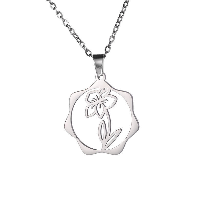 Buddha Stones Collier pendentif lotus en acier titane, symbole de naissance et d'illumination - Narcisse - Acier titane argenté - image 29