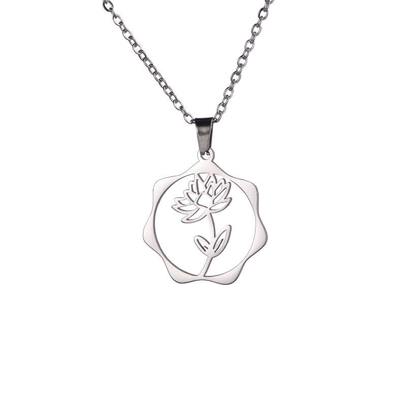 Buddha Stones Collier pendentif lotus en acier titane, symbole de naissance et d'illumination - Lotus - Acier titane argenté - image 0