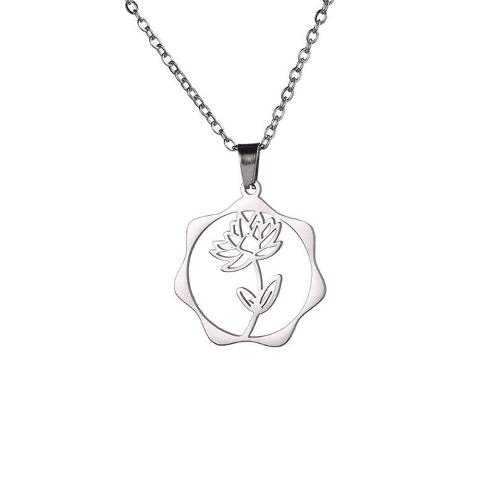 Buddha Stones Collier pendentif lotus en acier titane, symbole de naissance et d'illumination - Lotus - Acier titane argenté - image 0