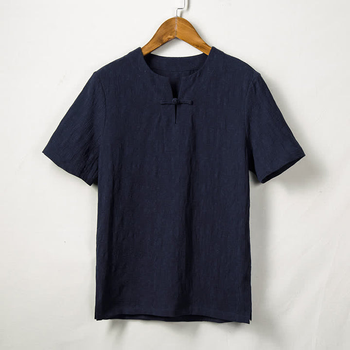Buddha Stones Chemises à manches courtes pour hommes Summer Tang Style One Frog Button Solid Leaf Texture - Bleu nuit - US/UK/AU44，EU54 (4XL) - image 4