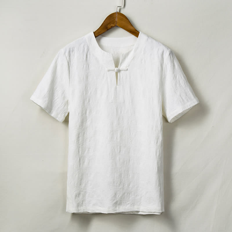 Buddha Stones Chemises à manches courtes pour hommes Summer Tang Style One Frog Button Solid Leaf Texture - Blanc - US/UK/AU44，EU54 (4XL) - image 2
