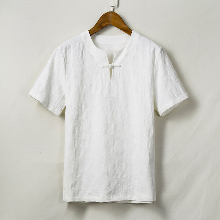 Buddha Stones Chemises à manches courtes pour hommes Summer Tang Style One Frog Button Solid Leaf Texture - Blanc - US/UK/AU44，EU54 (4XL) - image 2