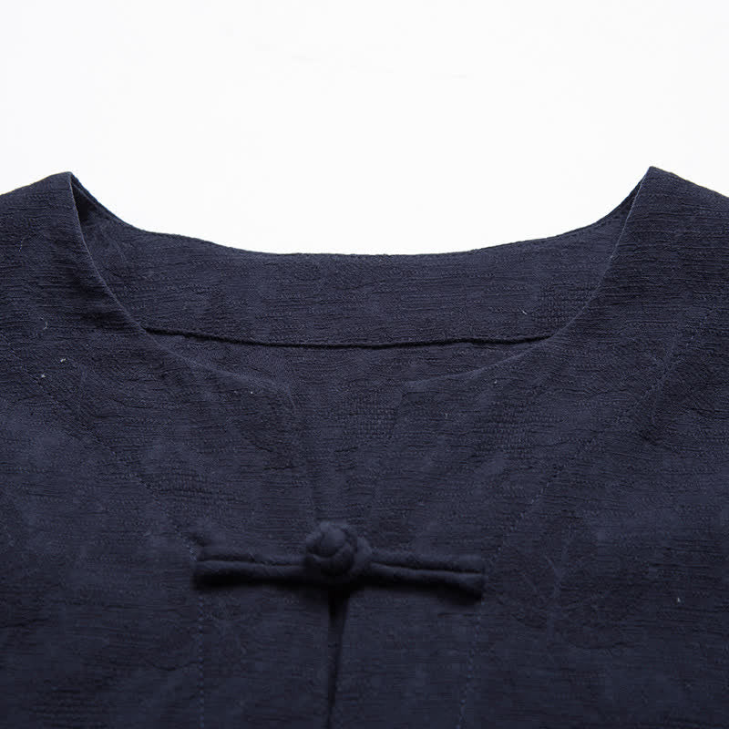 Buddha Stones Chemises à manches courtes pour hommes Summer Tang Style One Frog Button Solid Leaf Texture - image 6