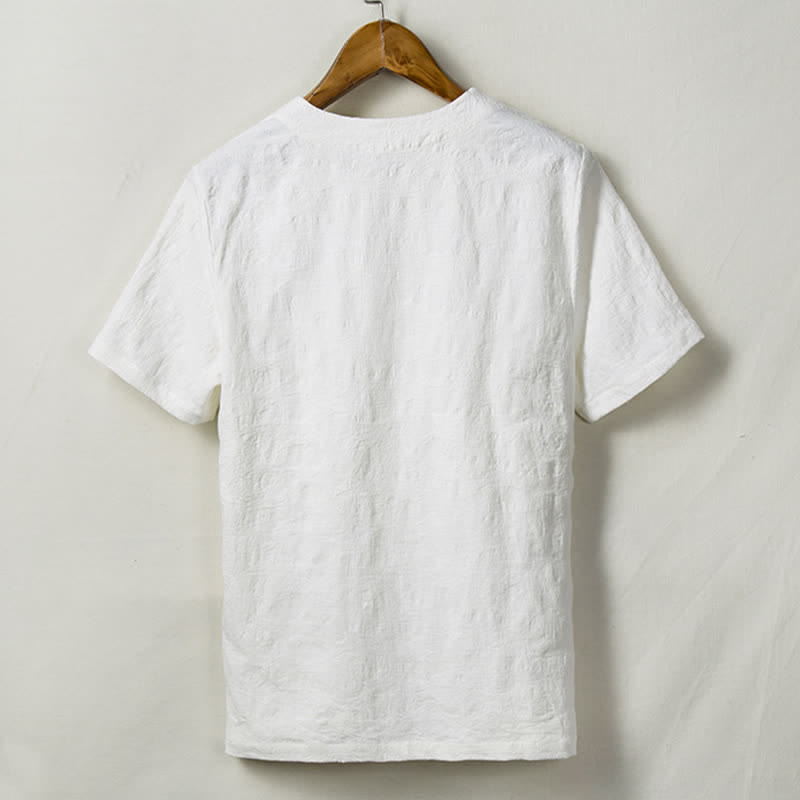 Buddha Stones Chemises à manches courtes pour hommes Summer Tang Style One Frog Button Solid Leaf Texture - image 3