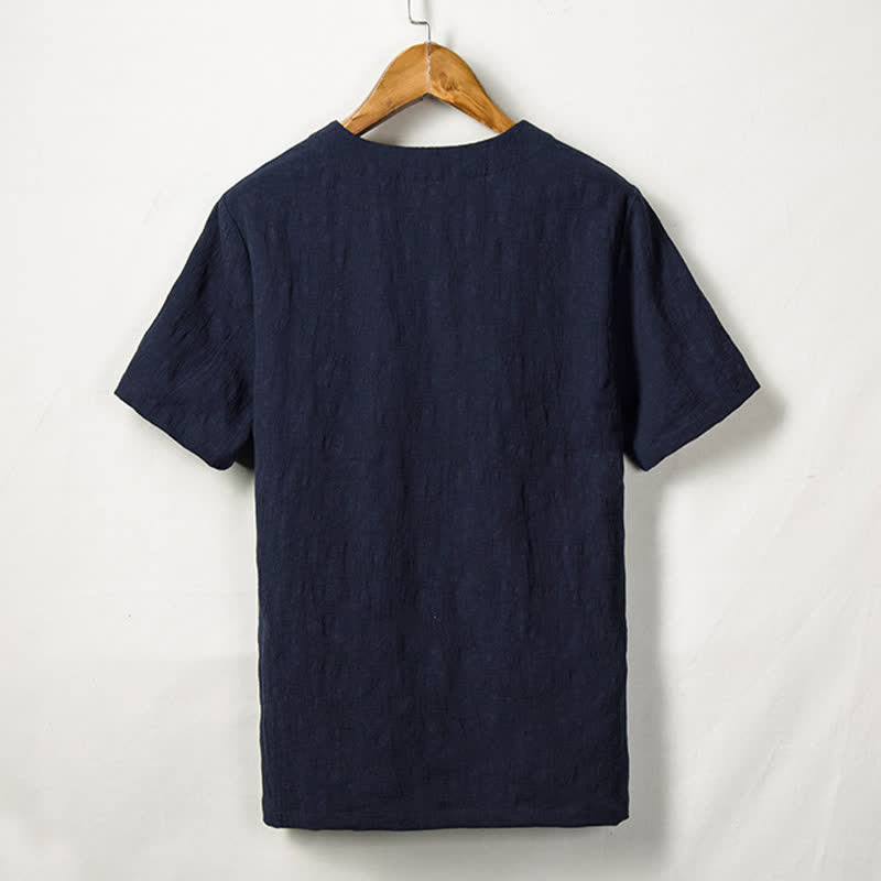 Buddha Stones Chemises à manches courtes pour hommes Summer Tang Style One Frog Button Solid Leaf Texture - image 5