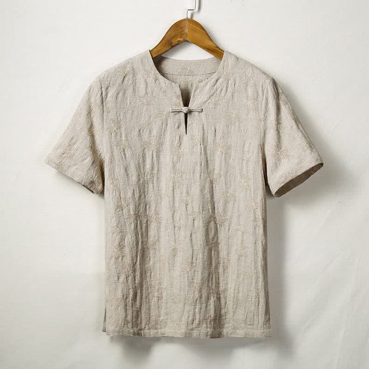 Buddha Stones Chemises à manches courtes pour hommes Summer Tang Style One Frog Button Solid Leaf Texture - Lin - US/UK/AU44，EU54 (4XL) - image 0