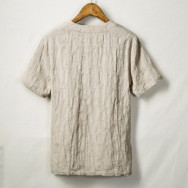 Buddha Stones Chemises à manches courtes pour hommes Summer Tang Style One Frog Button Solid Leaf Texture - image 1