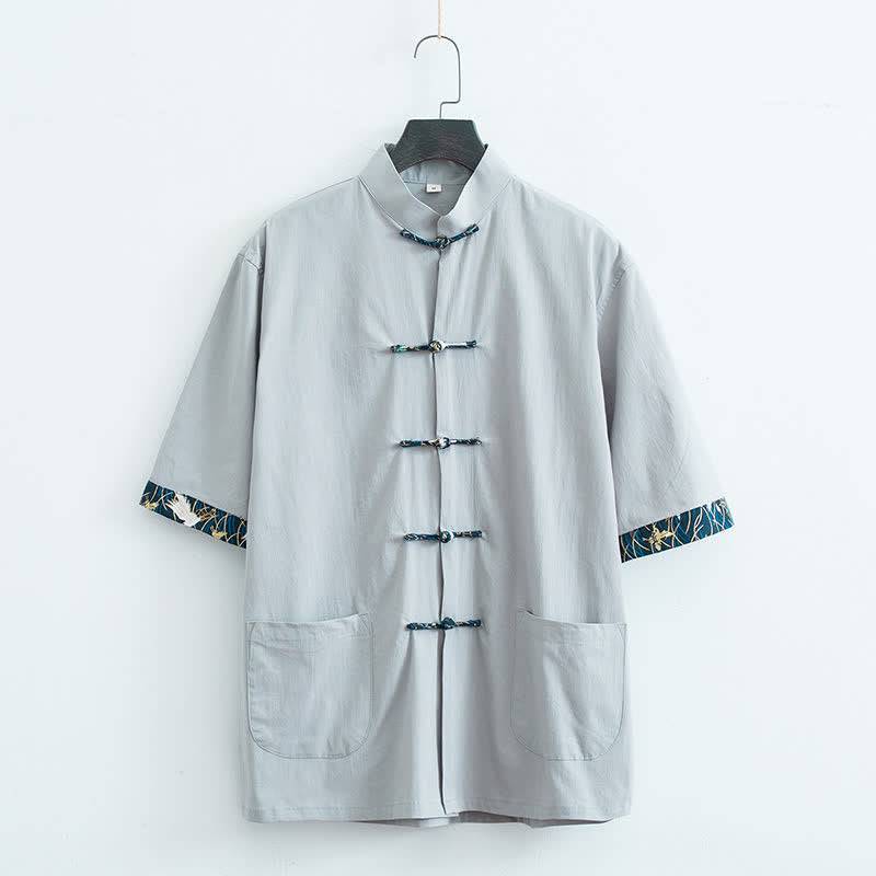 Buddha Stones Chemise d'été pour homme, style Tang, col mandarin, boutons brandebourg, manches courtes, couleur unie, avec poches - Gris clair - US/UK/AU44，EU54 (4XL) - image 2