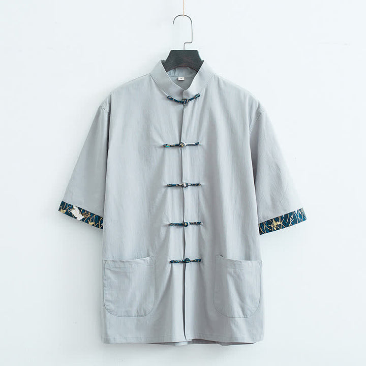 Buddha Stones Chemise d'été pour homme, style Tang, col mandarin, boutons brandebourg, manches courtes, couleur unie, avec poches - Gris clair - US/UK/AU44，EU54 (4XL) - image 2