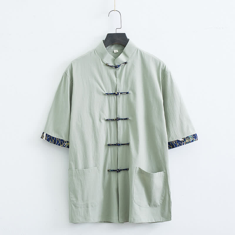 Buddha Stones Chemise d'été pour homme, style Tang, col mandarin, boutons brandebourg, manches courtes, couleur unie, avec poches - Vert foncé - US/UK/AU44，EU54 (4XL) - image 11