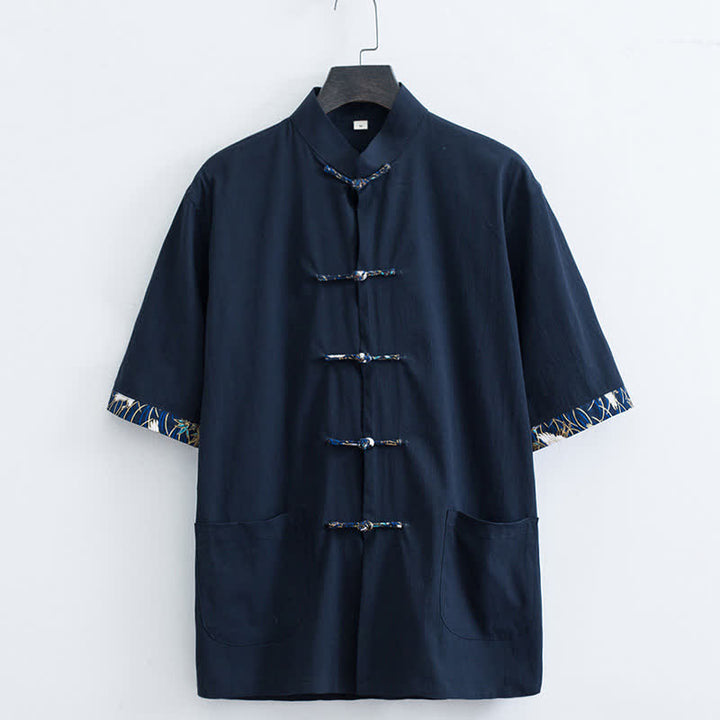 Buddha Stones Chemise d'été pour homme, style Tang, col mandarin, boutons brandebourg, manches courtes, couleur unie, avec poches - Marine - US/UK/AU44，EU54 (4XL) - image 3