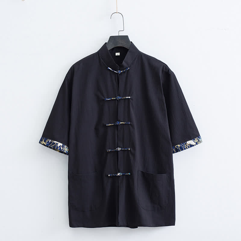Buddha Stones Chemise d'été pour homme, style Tang, col mandarin, boutons brandebourg, manches courtes, couleur unie, avec poches - Noir - US/UK/AU44，EU54 (4XL) - image 5