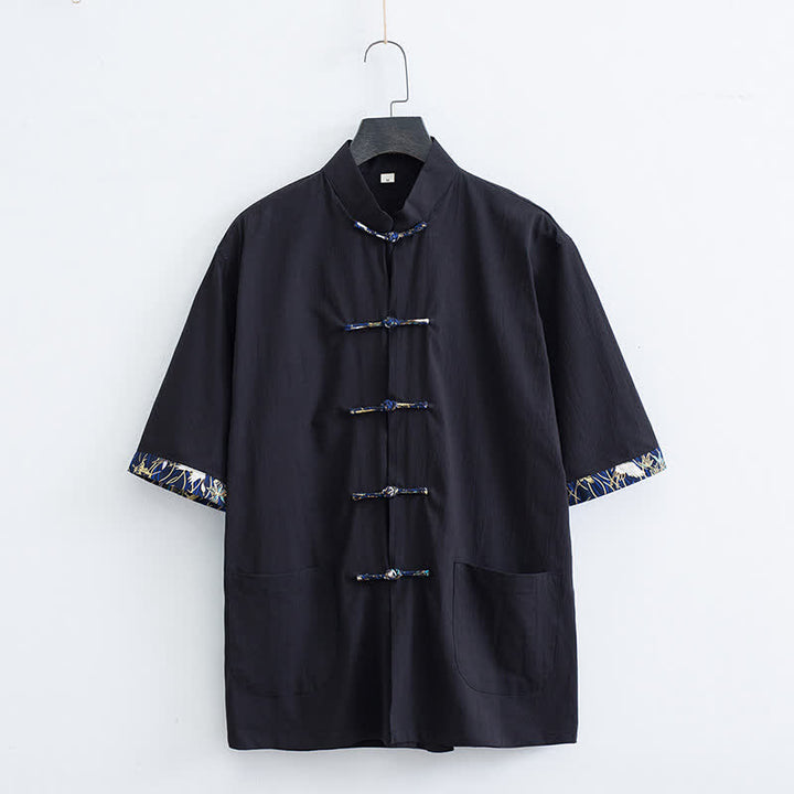 Buddha Stones Chemise d'été pour homme, style Tang, col mandarin, boutons brandebourg, manches courtes, couleur unie, avec poches - Noir - US/UK/AU44，EU54 (4XL) - image 5