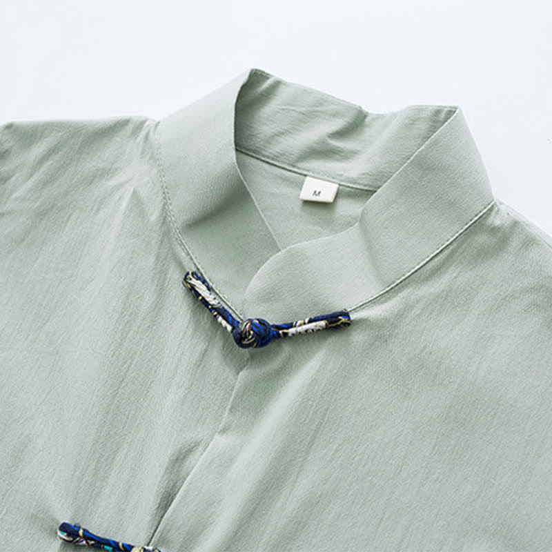 Buddha Stones Chemise d'été pour homme, style Tang, col mandarin, boutons brandebourg, manches courtes, couleur unie, avec poches - image 13