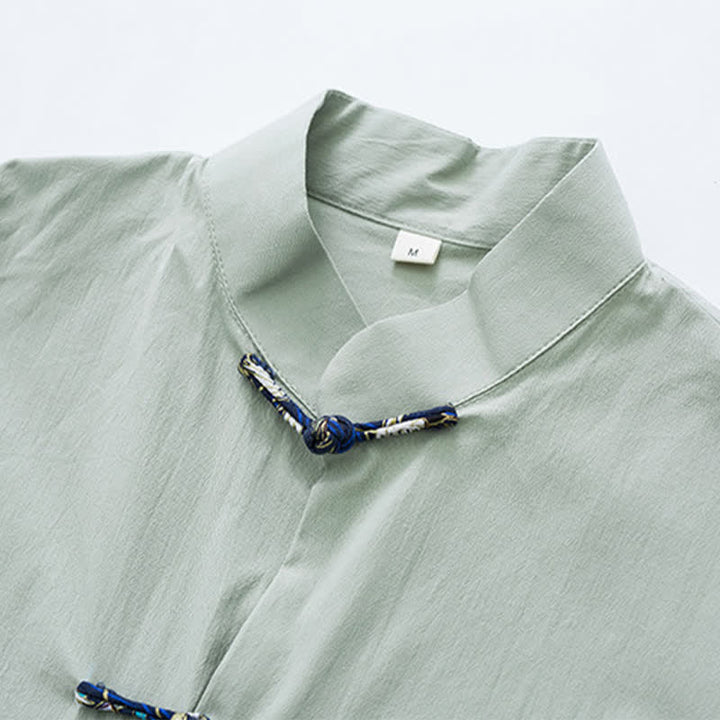 Buddha Stones Chemise d'été pour homme, style Tang, col mandarin, boutons brandebourg, manches courtes, couleur unie, avec poches - image 13