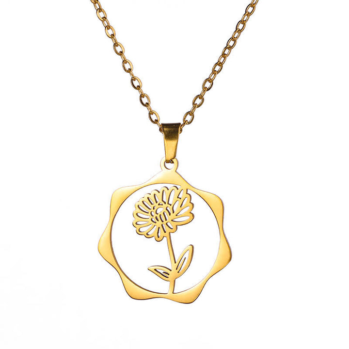 Buddha Stones Collier pendentif lotus en acier titane, symbole de naissance et d'illumination - Chrysanthème - Acier titane doré - image 10