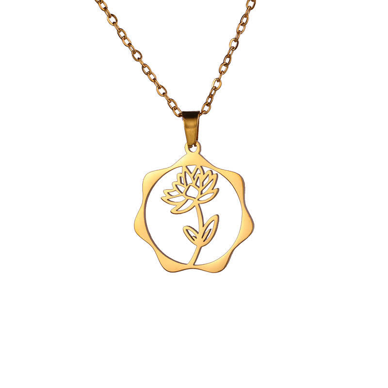 Buddha Stones Collier pendentif lotus en acier titane, symbole de naissance et d'illumination - Lotus - Acier titane doré - image 1