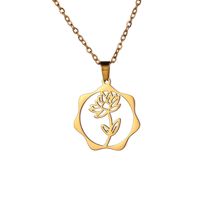 Buddha Stones Collier pendentif lotus en acier titane, symbole de naissance et d'illumination - Lotus - Acier titane doré - image 1