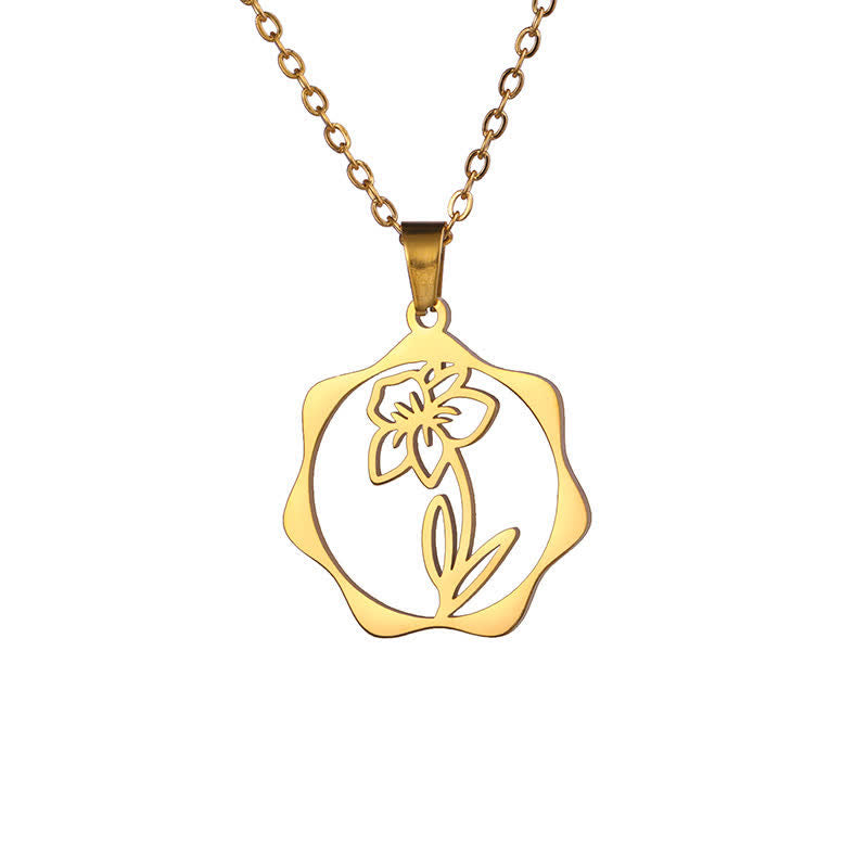 Buddha Stones Collier pendentif lotus en acier titane, symbole de naissance et d'illumination - Narcisse - Acier titane doré - image 30