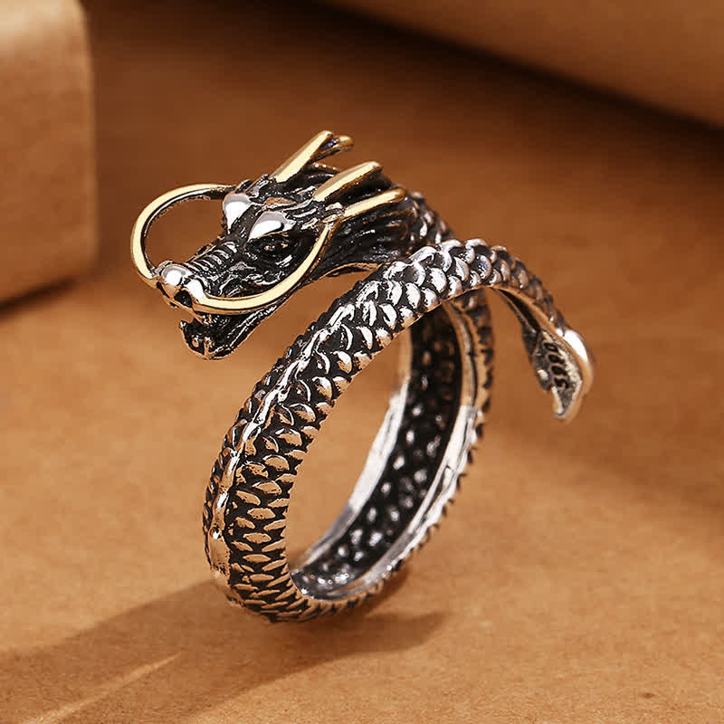 Buddha Stones Bague ouverte ajustable vintage Copper Dragon Strength - Cuivre (Richesse ♥ Prendre soin de soi) - Dragon (Moustaches d'or) - image 0