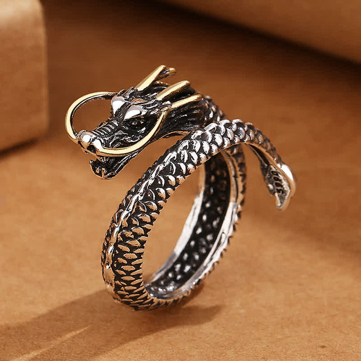 Buddha Stones Bague ouverte ajustable vintage Copper Dragon Strength - Cuivre (Richesse ♥ Prendre soin de soi) - Dragon (Moustaches d'or) - image 0