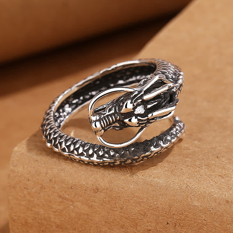 Buddha Stones Bague ouverte ajustable vintage Copper Dragon Strength - Cuivre (Richesse ♥ Prendre soin de soi) - Dragon (à moustaches d'argent) - image 1