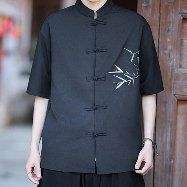 Buddha Stones Chemises à manches courtes pour hommes, style Tang, col mandarin, boutons brandebourg, broderie bambou, été - image 9