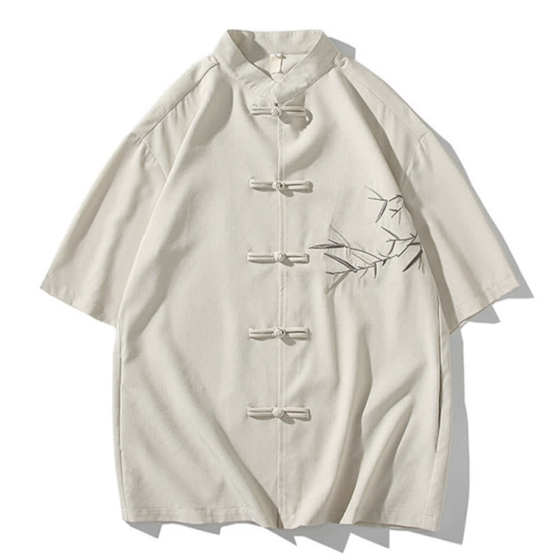 Buddha Stones Chemises à manches courtes pour hommes, style Tang, col mandarin, boutons brandebourg, broderie bambou, été - Lin - US/UK/AU46，EU56 (5XL) - image 30