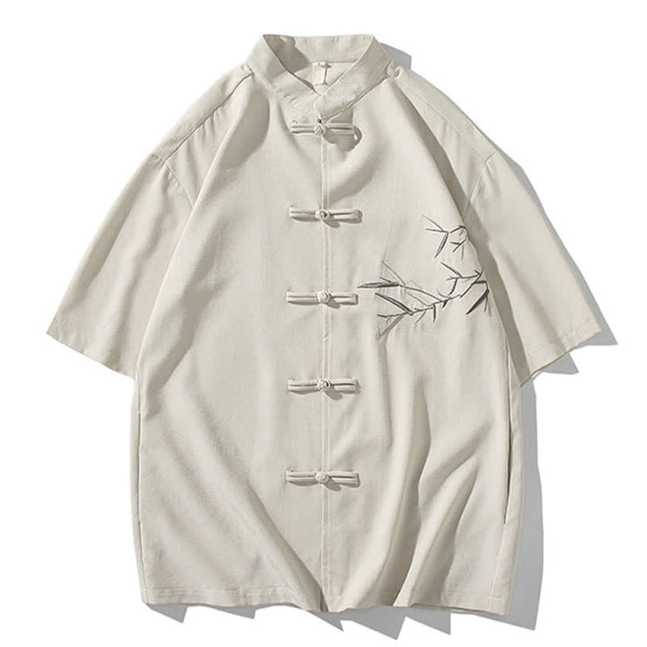 Buddha Stones Chemises à manches courtes pour hommes, style Tang, col mandarin, boutons brandebourg, broderie bambou, été - Lin - US/UK/AU46，EU56 (5XL) - image 30