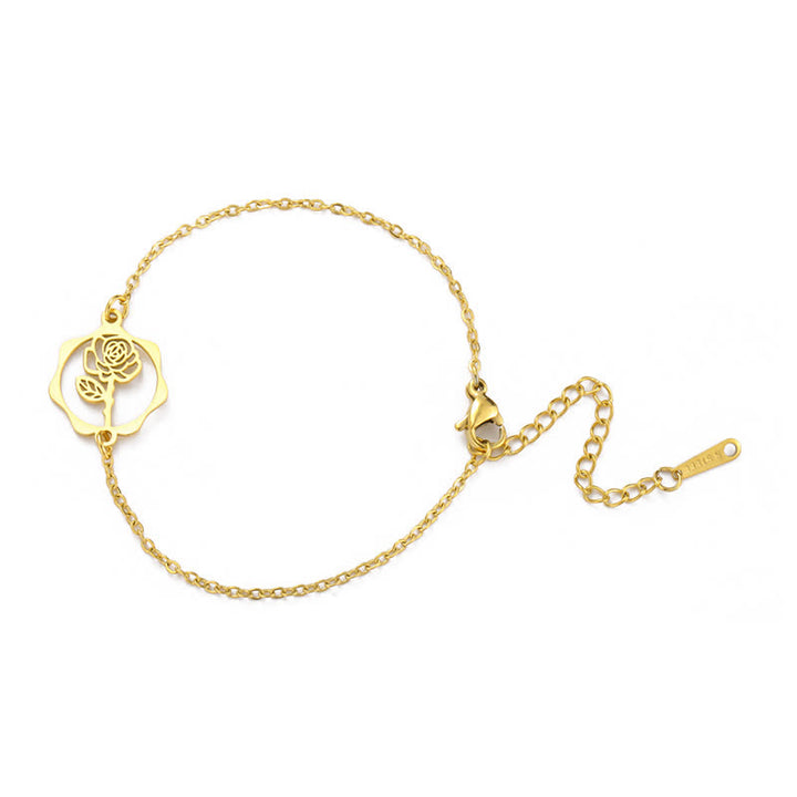 Buddha Stones Bracelet en acier titane avec fleur de naissance, symbole de nouveau départ - Rose - Acier au titane doré - image 2