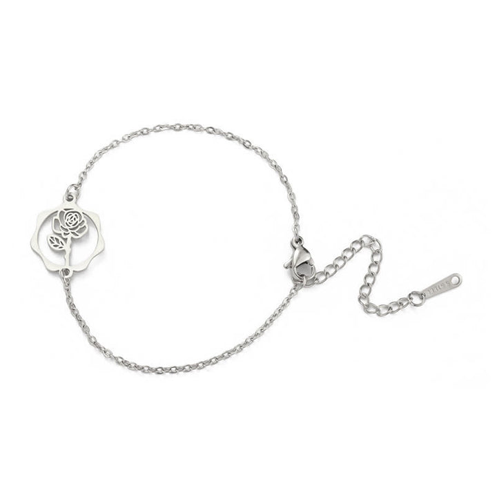 Buddha Stones Bracelet en acier titane avec fleur de naissance, symbole de nouveau départ - Rose - Acier titane argenté - image 1