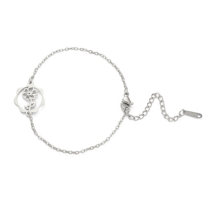 Buddha Stones Bracelet en acier titane avec fleur de naissance, symbole de nouveau départ - Cosmos - Acier titane argenté - image 19