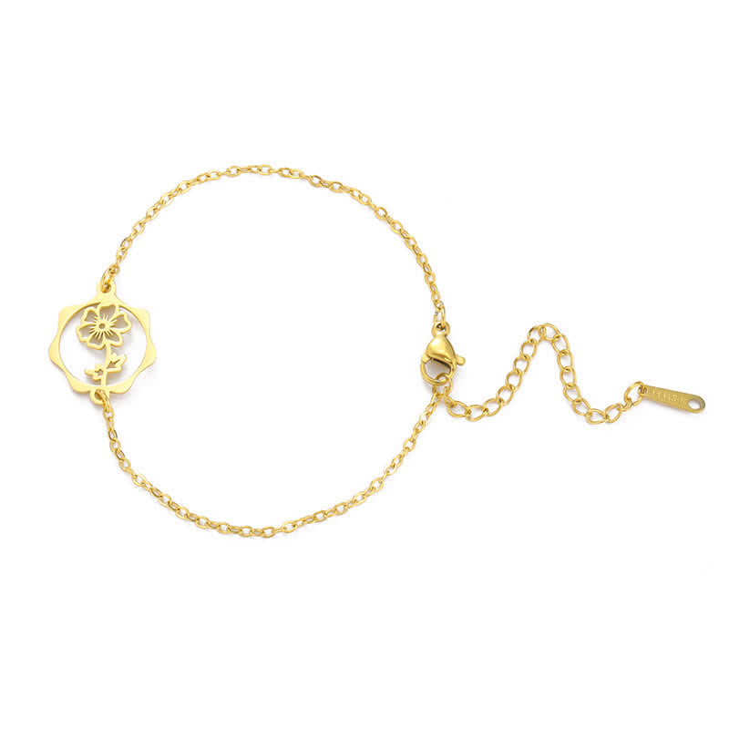 Buddha Stones Bracelet en acier titane avec fleur de naissance, symbole de nouveau départ - Cosmos - Acier au titane doré - image 20