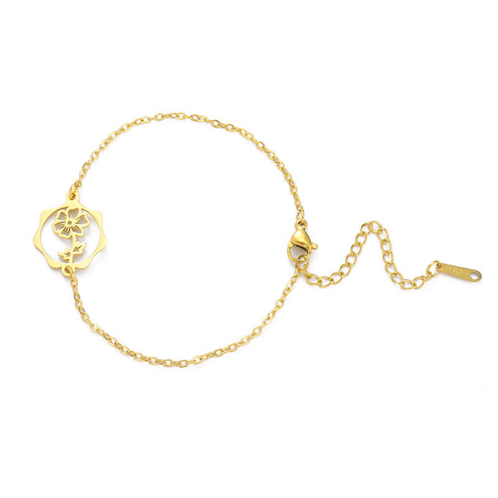 Buddha Stones Bracelet en acier titane avec fleur de naissance, symbole de nouveau départ - Cosmos - Acier au titane doré - image 20