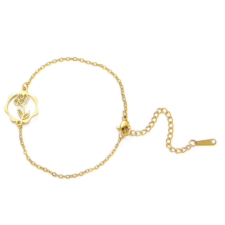 Buddha Stones Bracelet en acier titane avec fleur de naissance, symbole de nouveau départ - Iris - Acier au titane doré - image 8