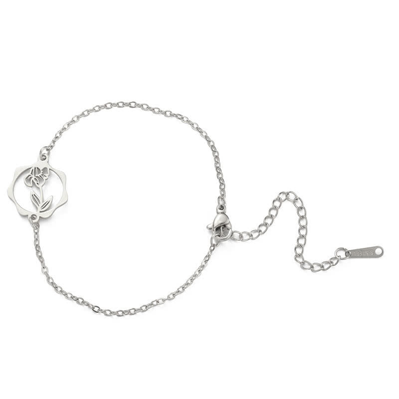 Buddha Stones Bracelet en acier titane avec fleur de naissance, symbole de nouveau départ - Iris - Acier titane argenté - image 7