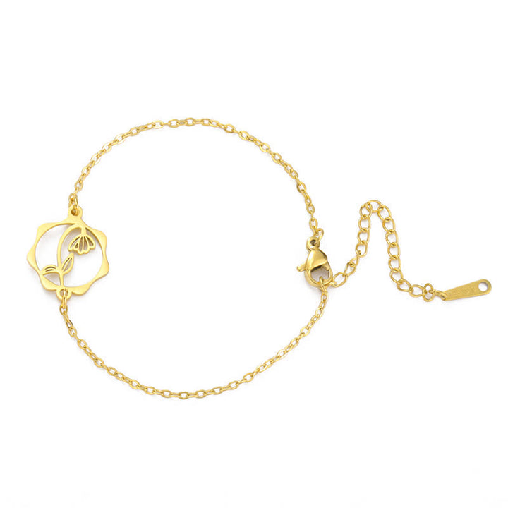 Buddha Stones Bracelet en acier titane avec fleur de naissance, symbole de nouveau départ - Perce-neige - Acier au titane doré - image 14