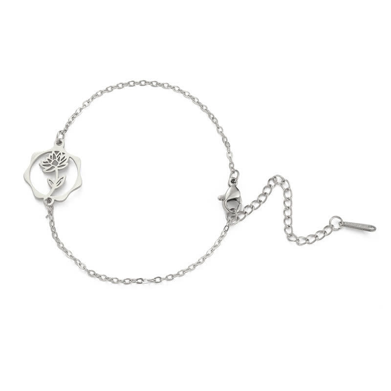 Buddha Stones Bracelet en acier titane avec fleur de naissance, symbole de nouveau départ - Lotus - Acier titane argenté - image 22
