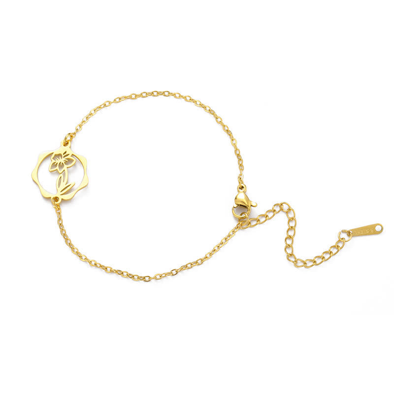 Buddha Stones Bracelet en acier titane avec fleur de naissance, symbole de nouveau départ - Narcisse - Acier au titane doré - image 29