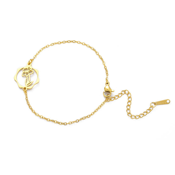 Buddha Stones Bracelet en acier titane avec fleur de naissance, symbole de nouveau départ - Narcisse - Acier au titane doré - image 29