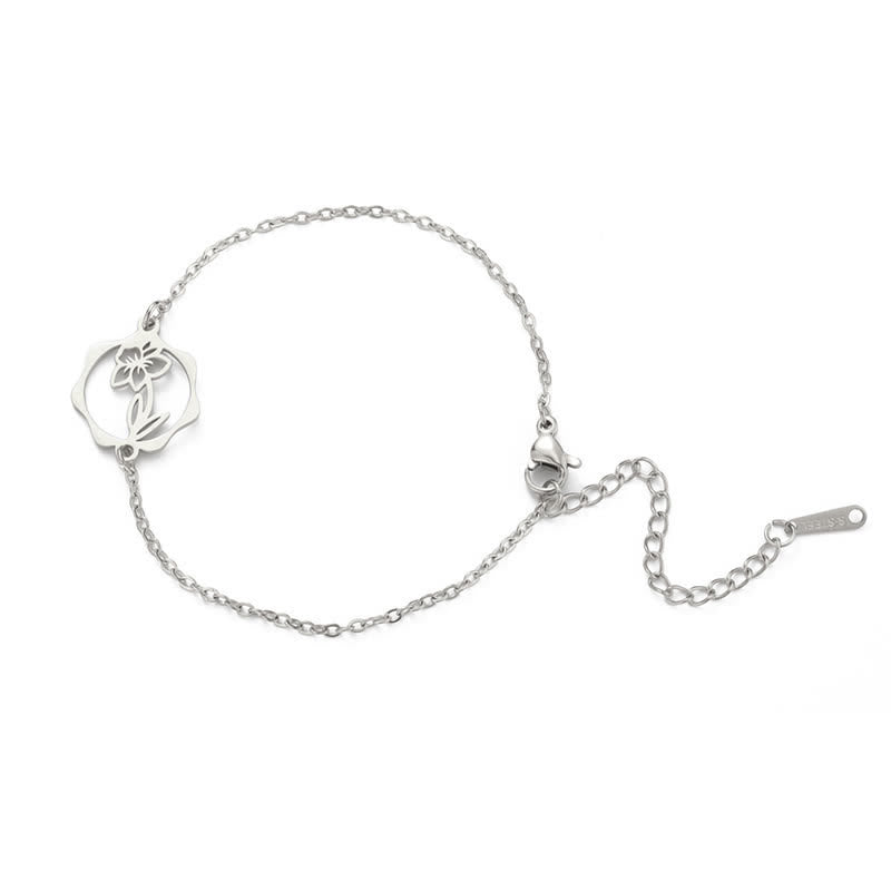 Buddha Stones Bracelet en acier titane avec fleur de naissance, symbole de nouveau départ - Narcisse - Acier titane argenté - image 28