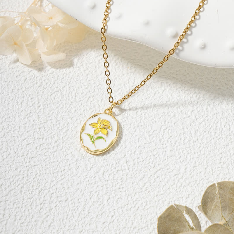 Buddha Stones Collier pendentif renforcé en acier titane avec fleur de naissance - Jonquille - Acier au titane doré - image 6