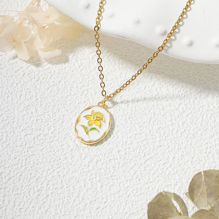 Buddha Stones Collier pendentif renforcé en acier titane avec fleur de naissance - Jonquille - Acier au titane doré - image 6
