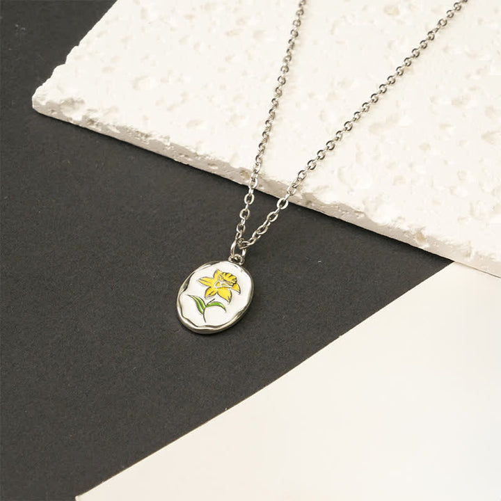 Buddha Stones Collier pendentif renforcé en acier titane avec fleur de naissance - Jonquille - Acier titane argenté - image 7