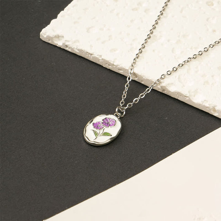 Buddha Stones Collier pendentif renforcé en acier titane avec fleur de naissance - Violet - Acier titane argenté - image 4